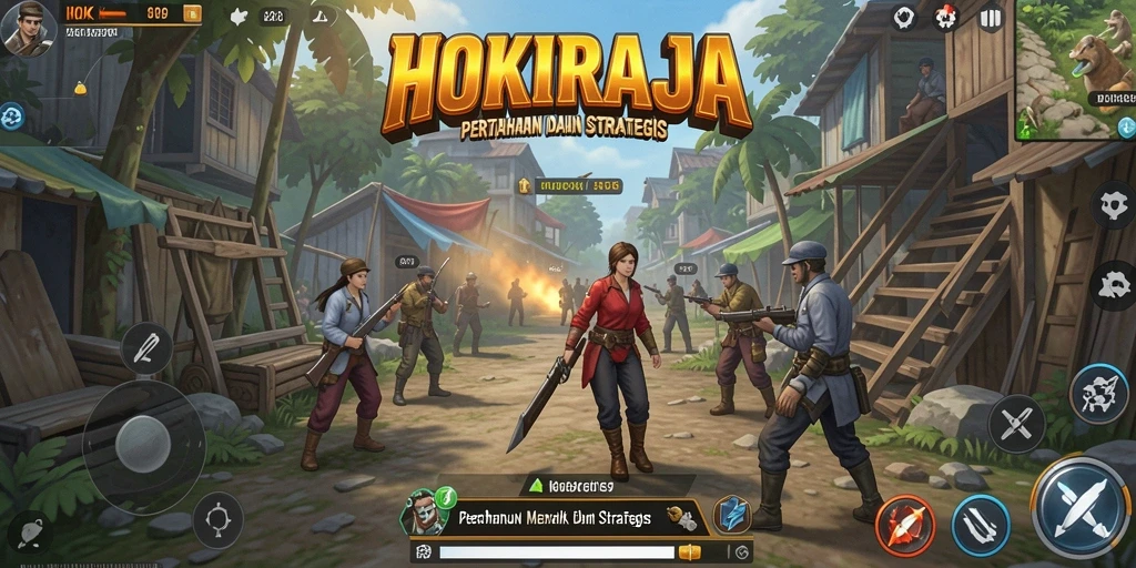 Screenshot gameplay HOKIRAJA dengan menara dan musuh menyerang.