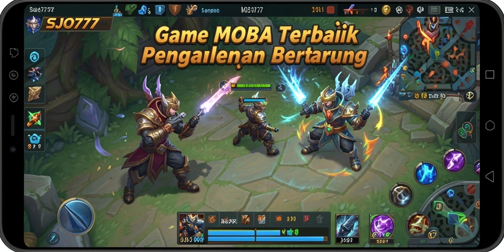 Screenshot gameplay SJO777 menampilkan aksi seru dan pertarungan strategis di arena MOBA.