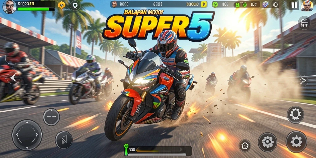 Screenshot menunjukkan aksi balapan motor yang mendebarkan dalam SUPER5.