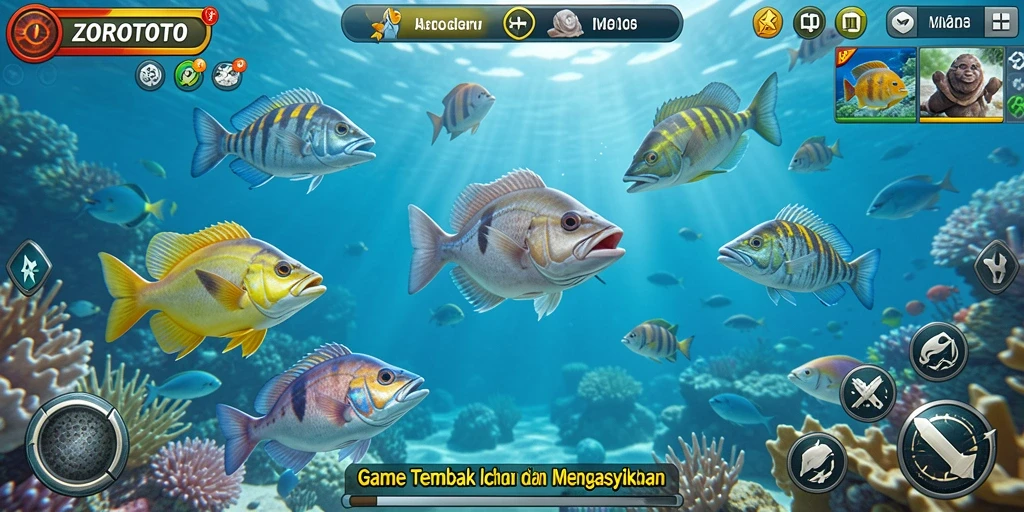 Gameplay ZOROTOTO menampilkan aksi seru menembak ikan dengan grafis menarik.